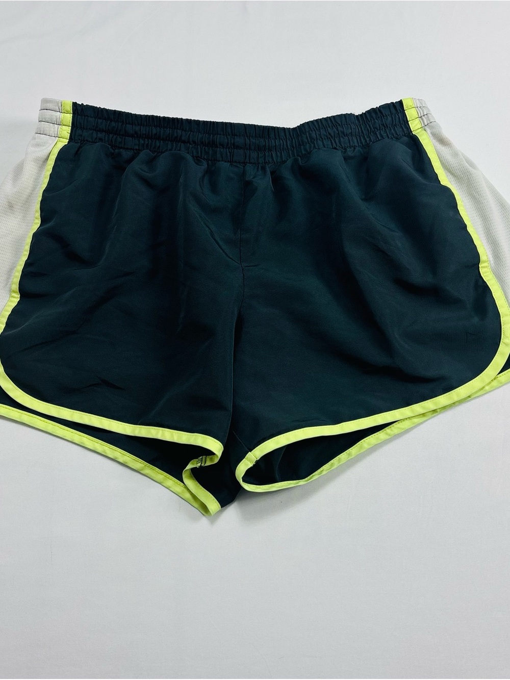 Danskin Now Dark Green Athletic Shorts with Neon Yellow Trim